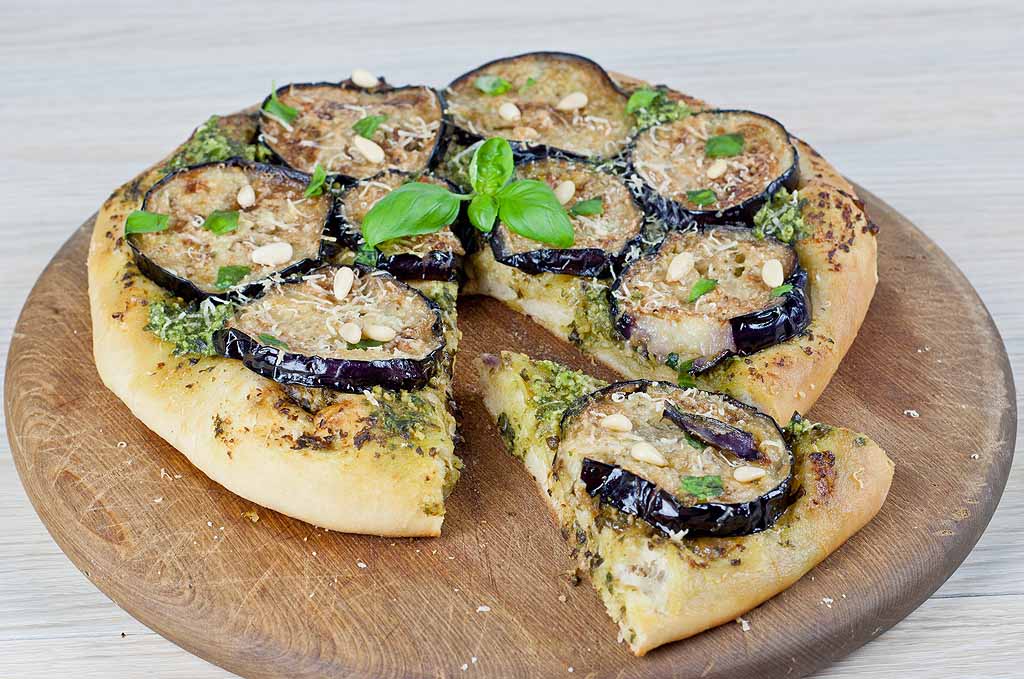 Pesto eggplant pizza