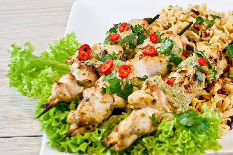 Chicken Skewers, Satay Sauce & Fiery Noodle Salad