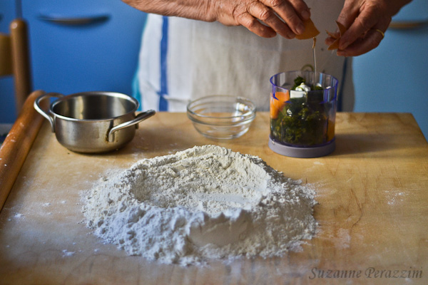 Preparing the silverbeet for the lasagna dough