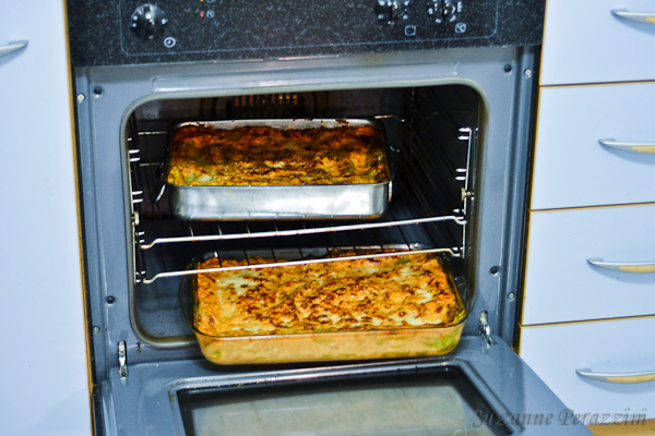 Lasagna coming out of the oven