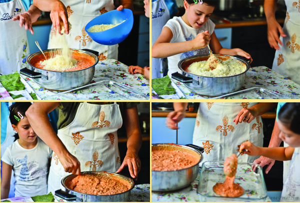 Mixing in the cheese to the ragu and white sauces