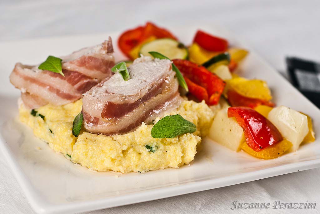 Bacon-wrapped chicken and creamy polenta - gluten-free & low FODMAP