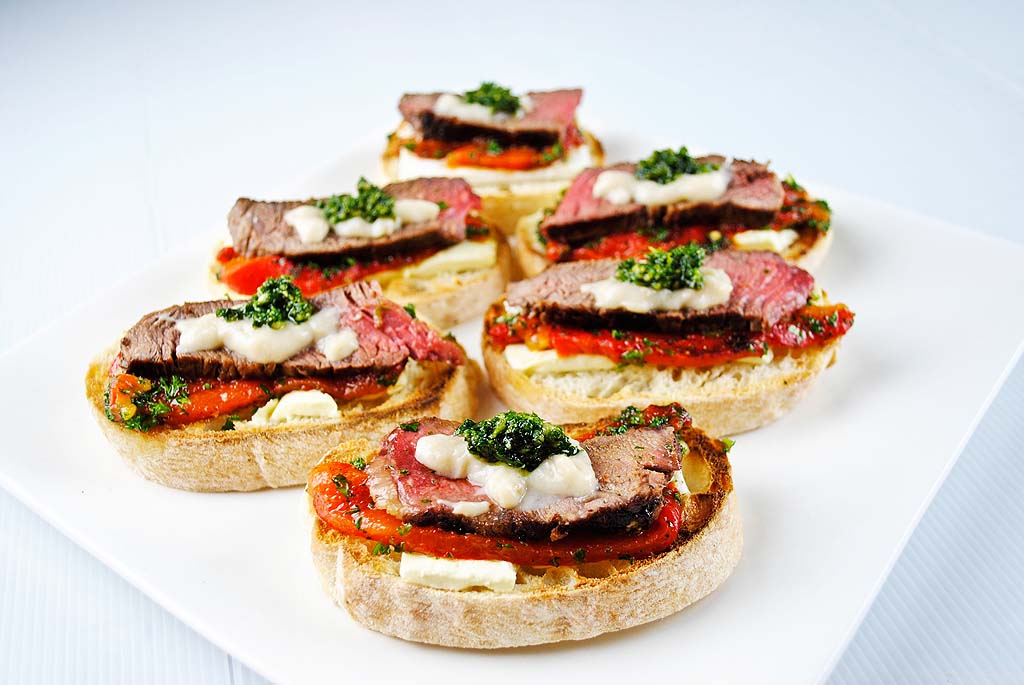 Beef, Feta and Roasted Pepper Bruschetta