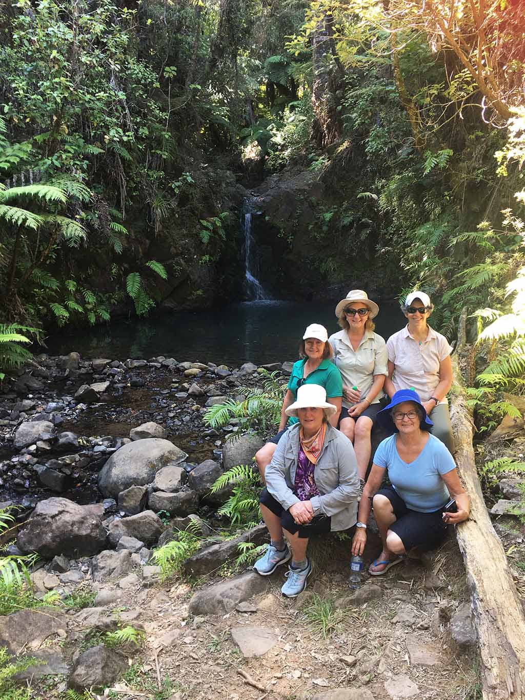 Resting by a waterfall on Great Barrier Island
